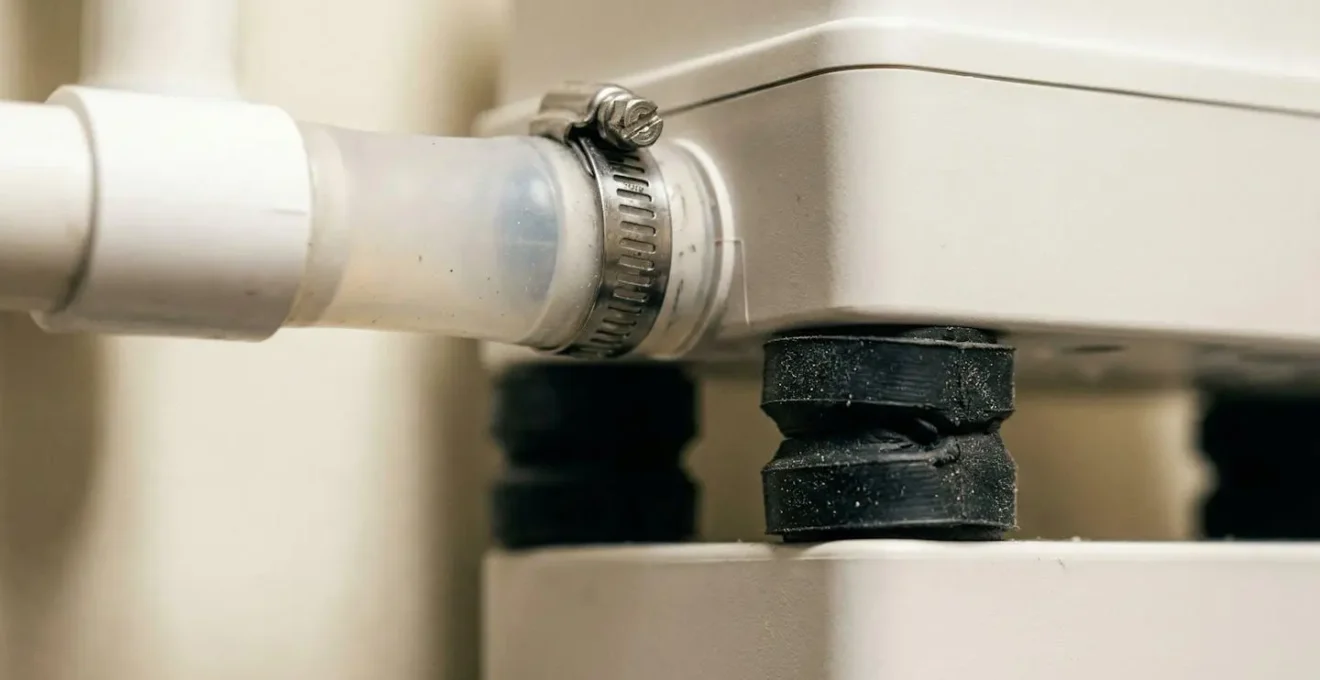 Détail macro d'une pompe de relevage montée sur silentblocs avec manchons souples