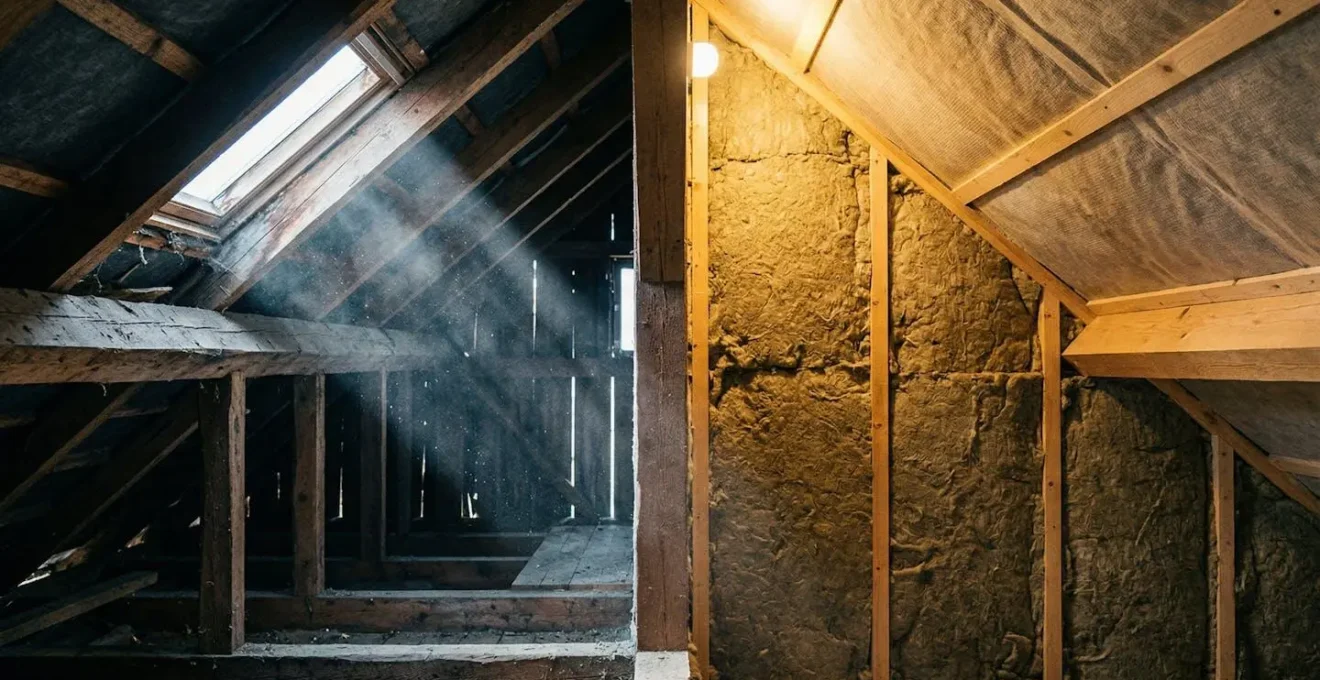 Vue en coupe d'une maison montrant l'isolation des combles et la répartition de la chaleur