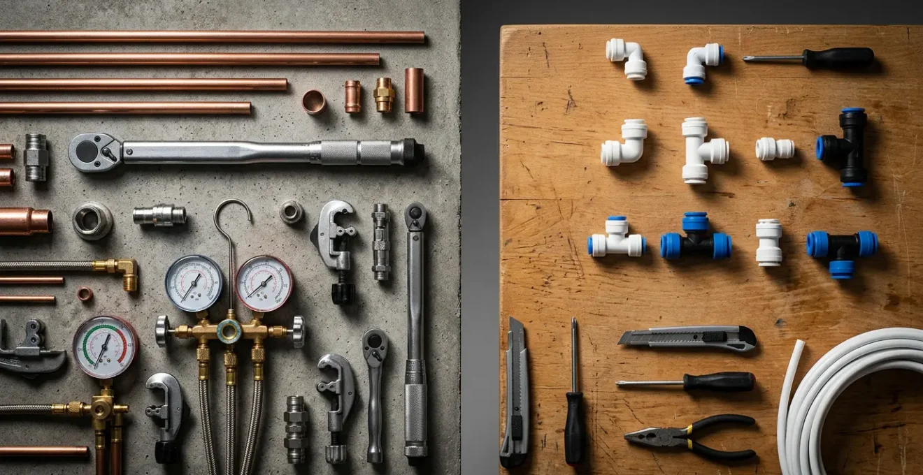 Comparaison visuelle entre installation de climatisation professionnelle et kit Easy Connect