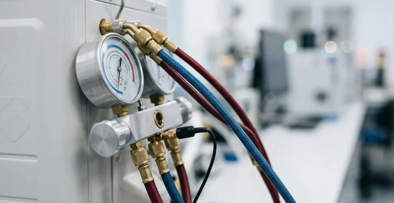 Technicien inspectant une unité de climatisation dans un laboratoire moderne avec équipements de mesure