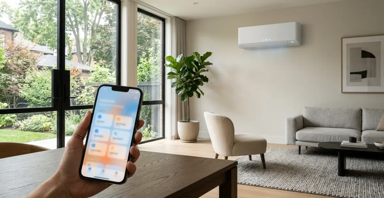 Maison moderne avec climatiseur contrôlé à distance par smartphone montrant une application de contrôle