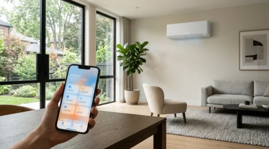 Maison moderne avec climatiseur contrôlé à distance par smartphone montrant une application de contrôle