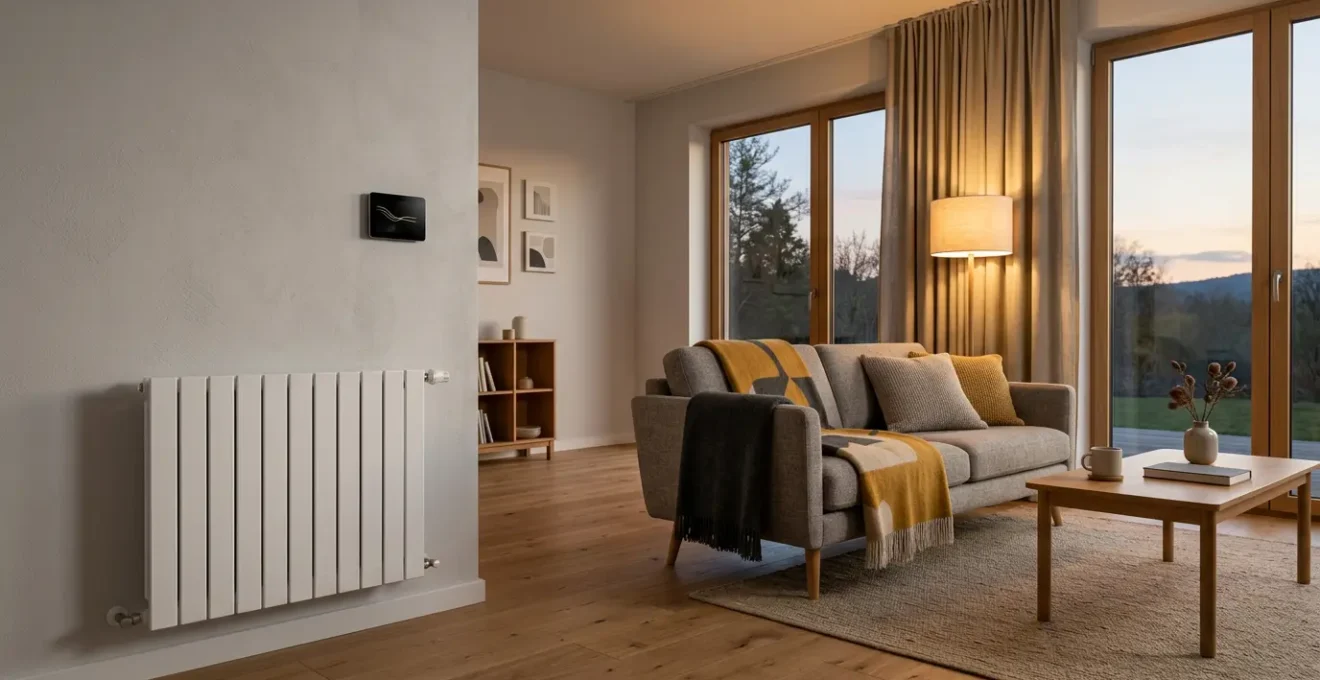 Intérieur chaleureux d'une maison avec système de chauffage moderne et thermostats intelligents
