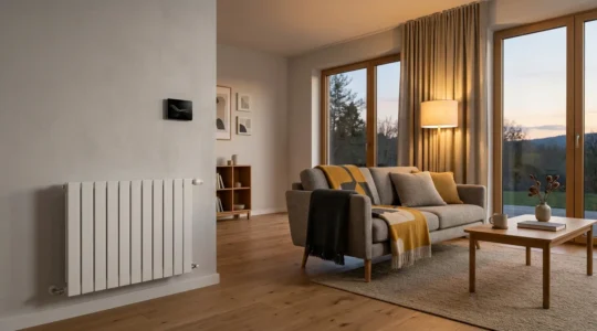 Intérieur chaleureux d'une maison avec système de chauffage moderne et thermostats intelligents