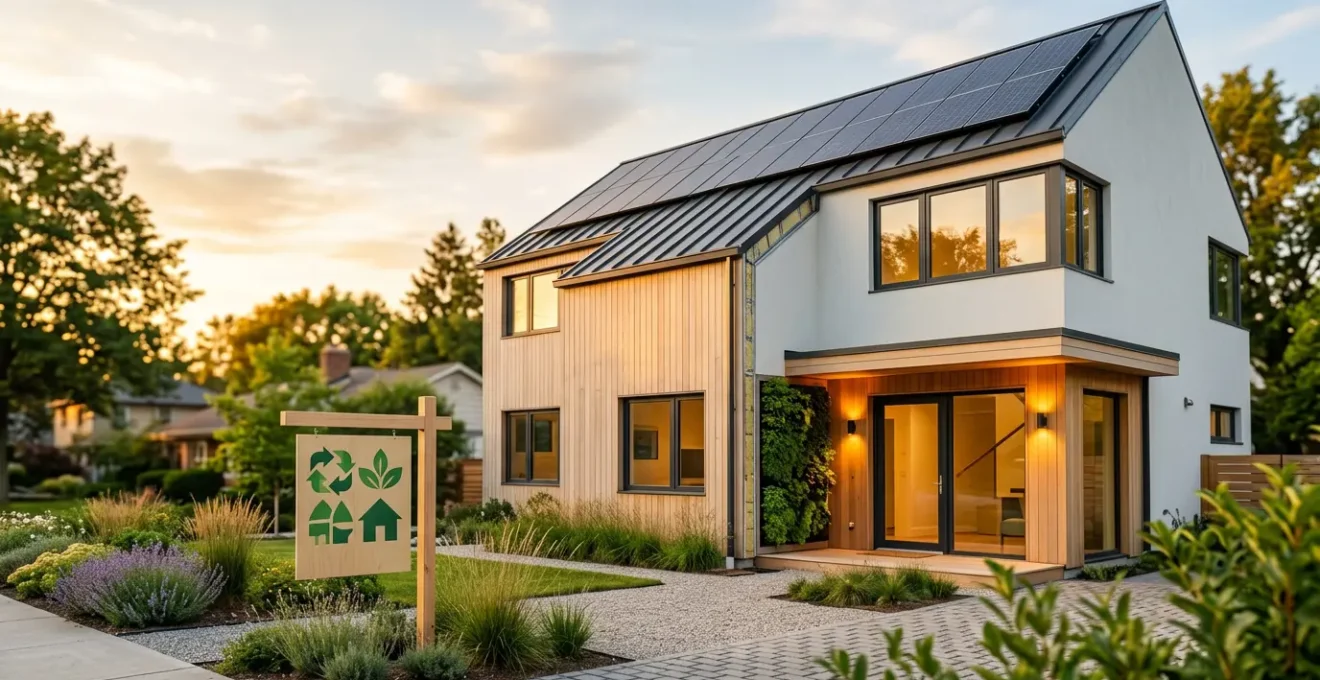 Maison moderne avec panneaux solaires et symboles de performance énergétique valorisant le bien immobilier