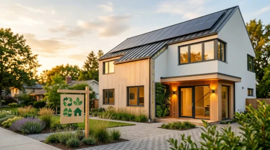 Maison moderne avec panneaux solaires et symboles de performance énergétique valorisant le bien immobilier