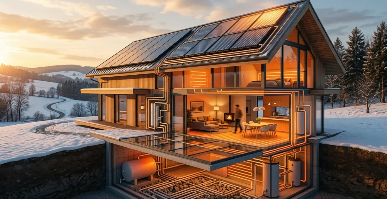 Maison moderne avec capteurs solaires thermiques et système de récupération de chaleur visible