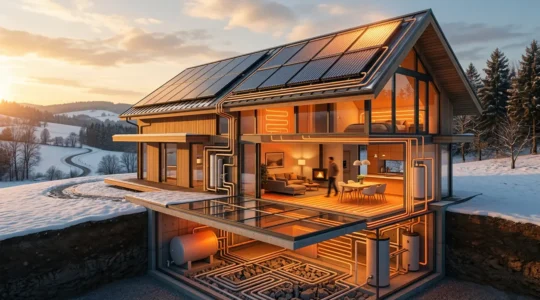 Maison moderne avec capteurs solaires thermiques et système de récupération de chaleur visible