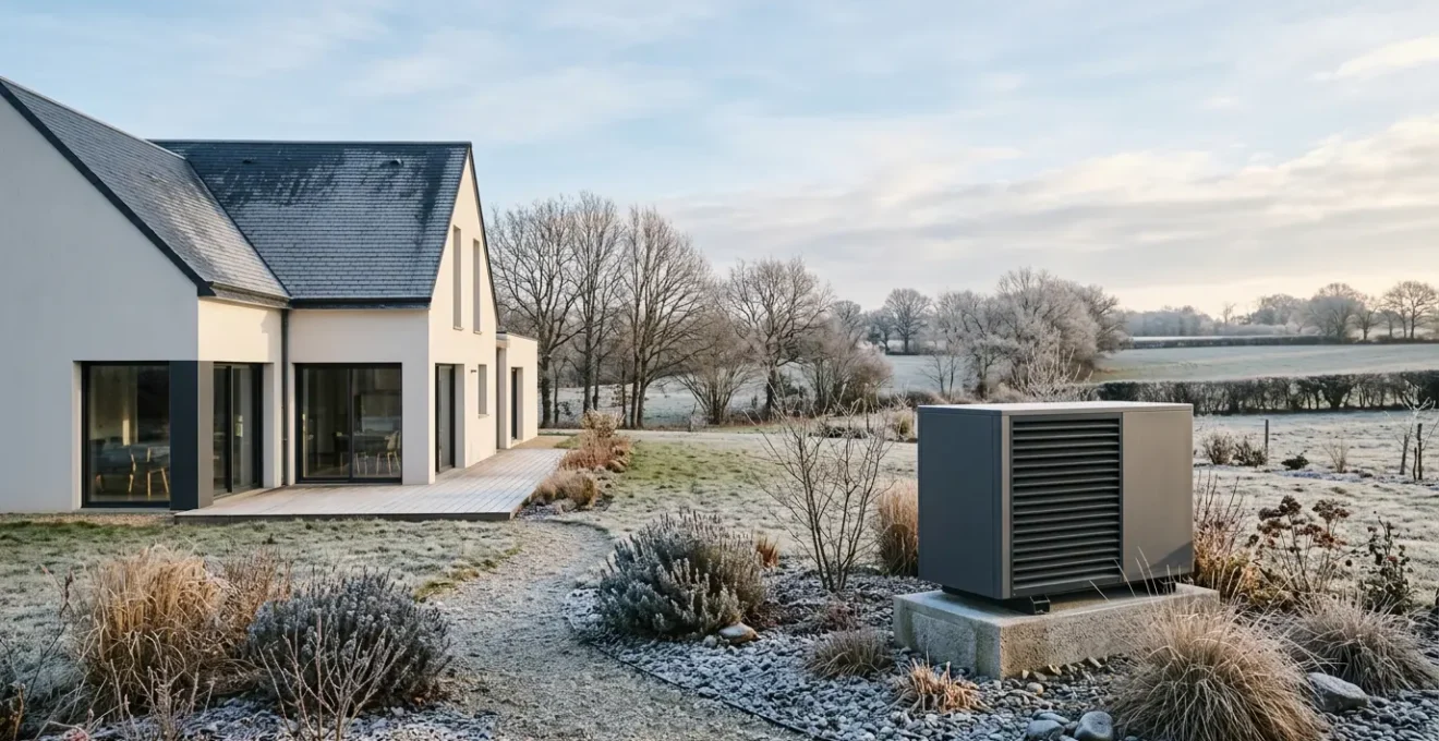 Maison moderne avec unité extérieure de pompe à chaleur dans un jardin en hiver