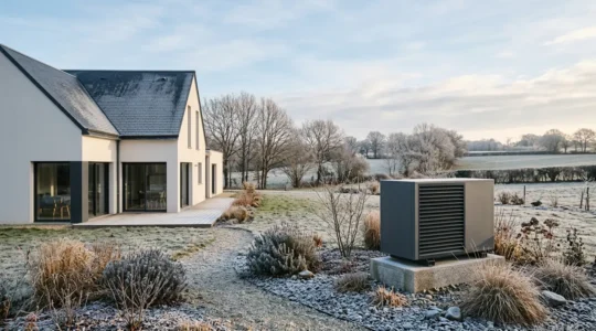 Maison moderne avec unité extérieure de pompe à chaleur dans un jardin en hiver