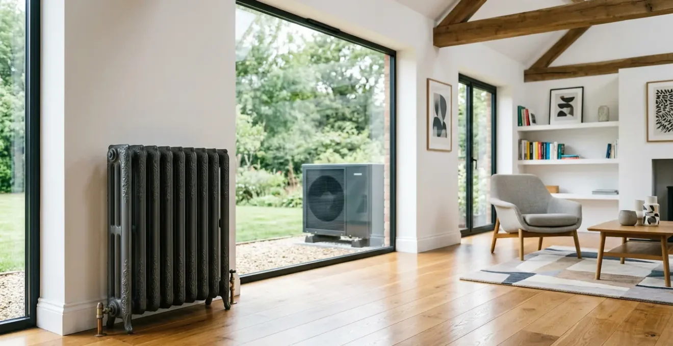 Radiateur en fonte ancien dans une maison moderne avec système de chauffage hybride en arrière-plan