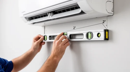 Installation précise d'une plaque de montage de climatiseur avec niveau à bulle et outils professionnels