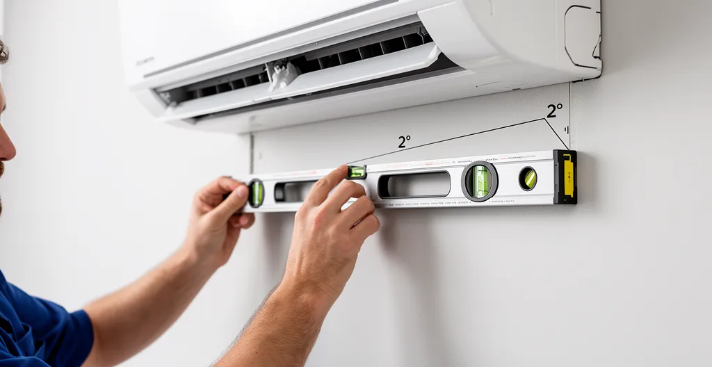 Installation précise d'une plaque de montage de climatiseur avec niveau à bulle et outils professionnels