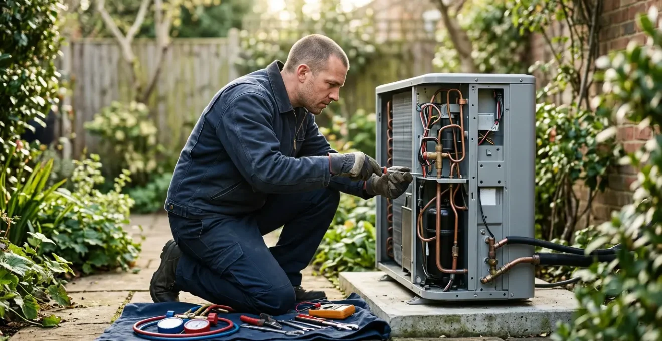 Technicien professionnel effectuant la maintenance d'une unité extérieure de pompe à chaleur dans un jardin résidentiel