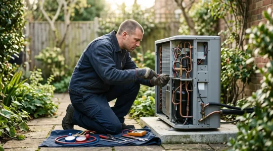 Technicien professionnel effectuant la maintenance d'une unité extérieure de pompe à chaleur dans un jardin résidentiel