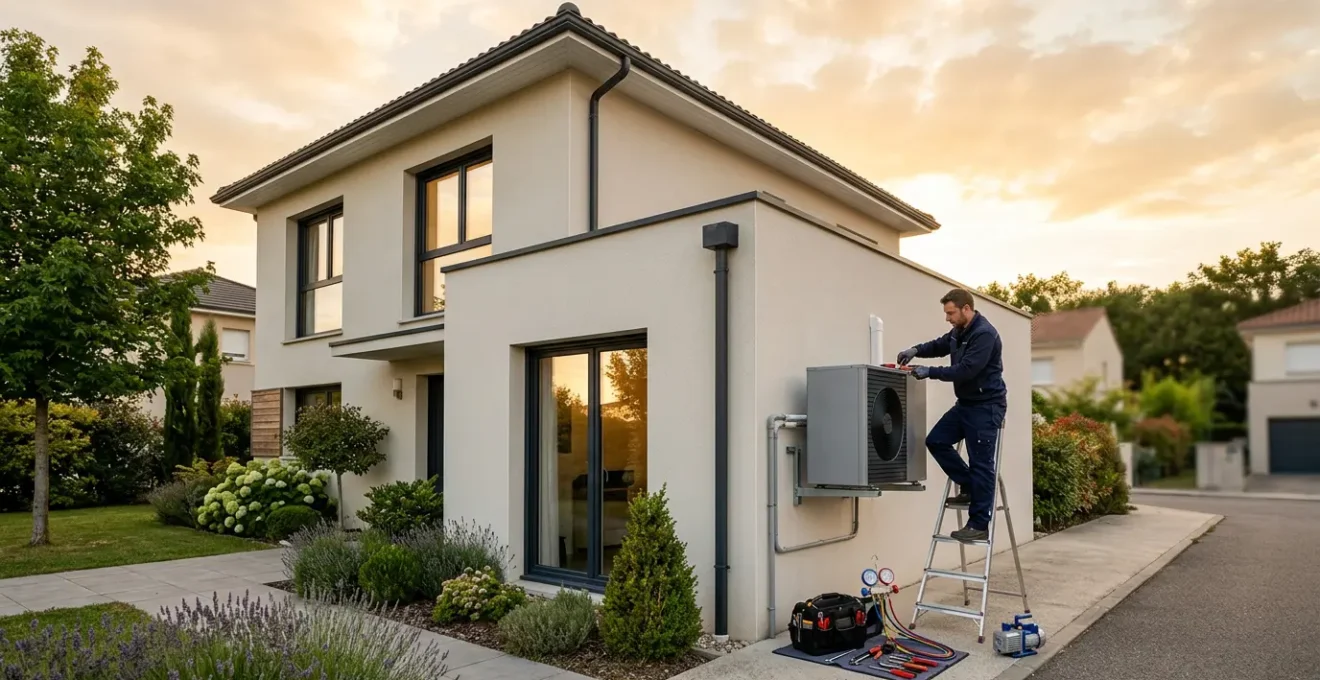 Installation d'une pompe à chaleur sur une maison moderne avec technicien spécialisé en action