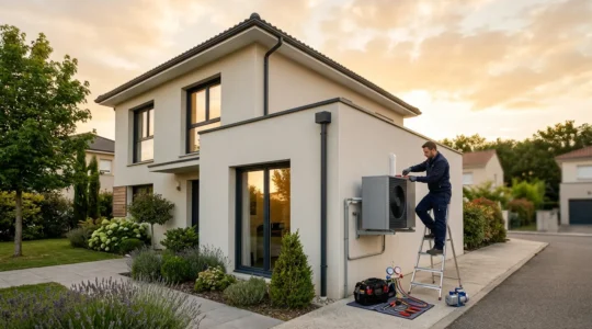 Installation d'une pompe à chaleur sur une maison moderne avec technicien spécialisé en action