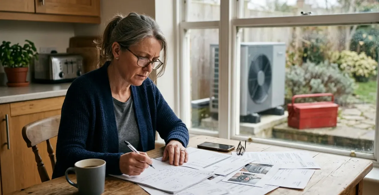 Un propriétaire examine des documents juridiques devant une pompe à chaleur avec des outils de réparation en arrière-plan