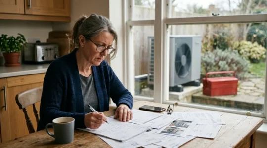 Un propriétaire examine des documents juridiques devant une pompe à chaleur avec des outils de réparation en arrière-plan