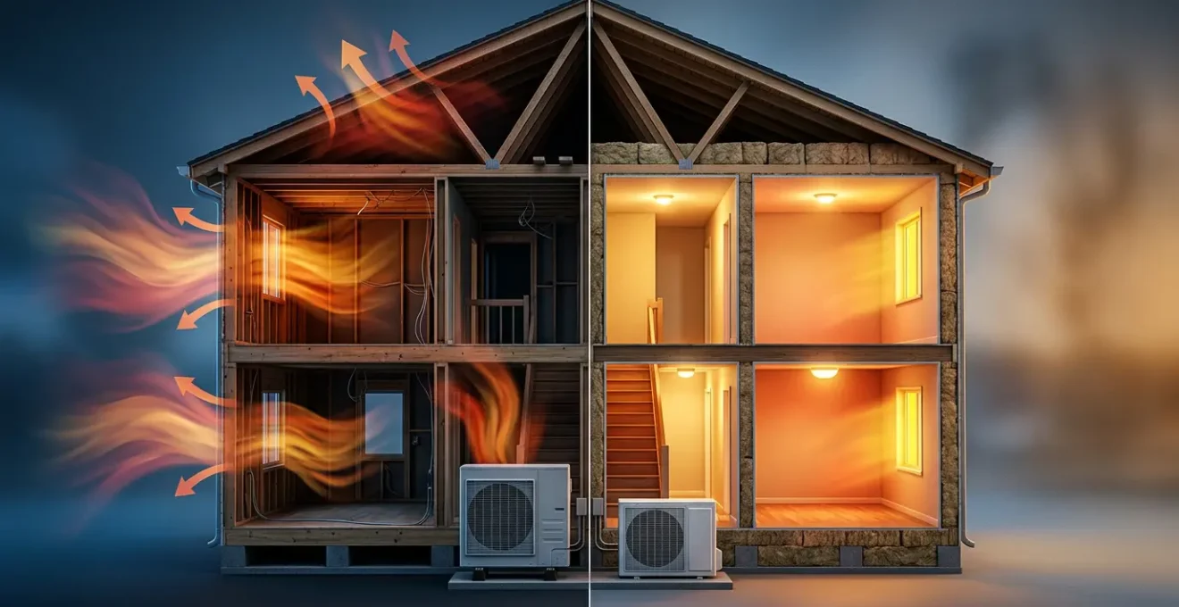 Vue en coupe d'une maison montrant l'impact de l'isolation sur le système de chauffage