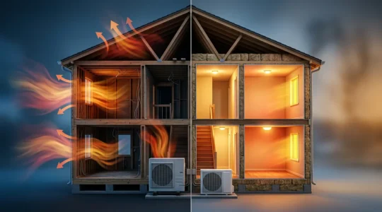 Vue en coupe d'une maison montrant l'impact de l'isolation sur le système de chauffage