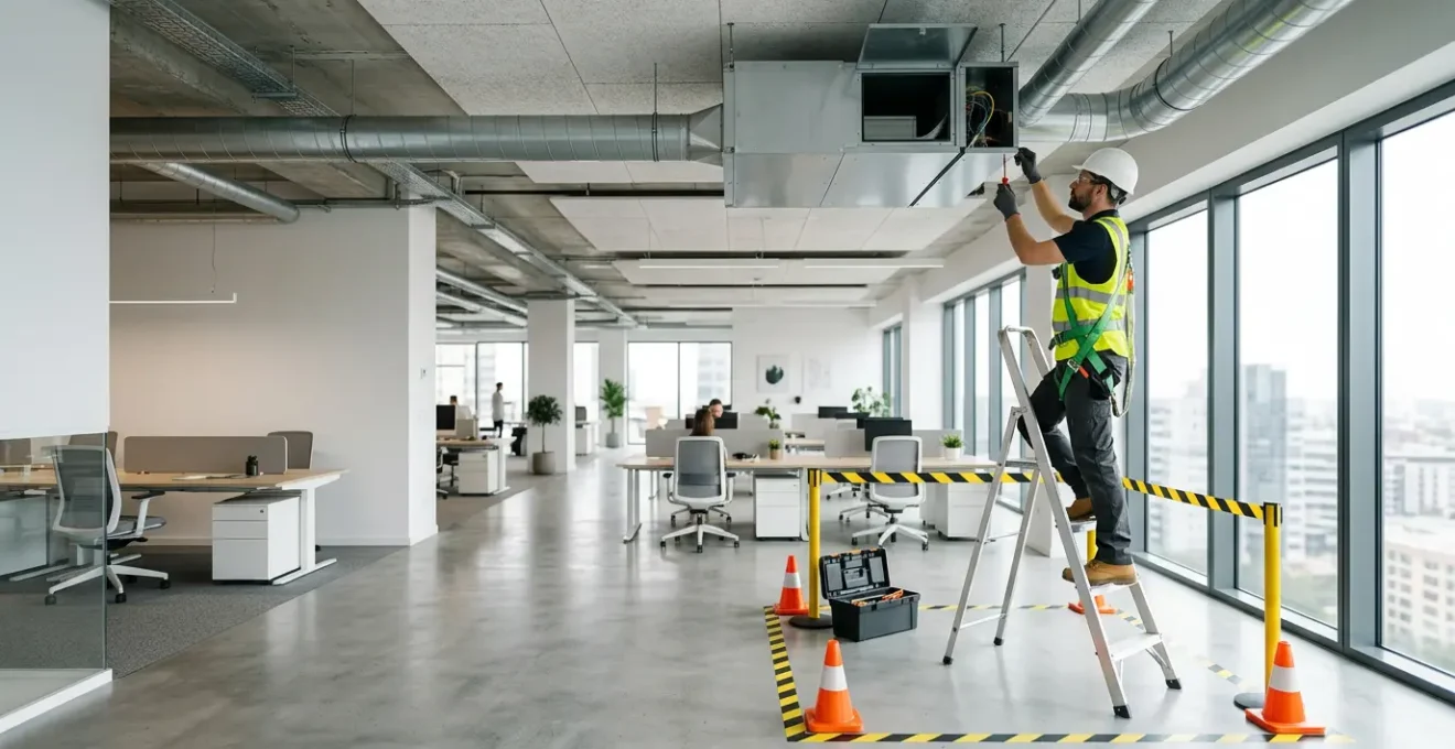 Installation sécurisée de climatisation dans un espace de bureau moderne avec professionnels et équipements conformes