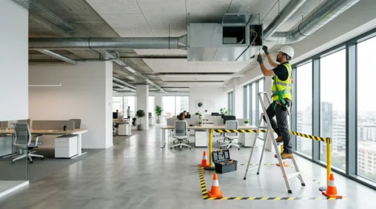 Installation sécurisée de climatisation dans un espace de bureau moderne avec professionnels et équipements conformes