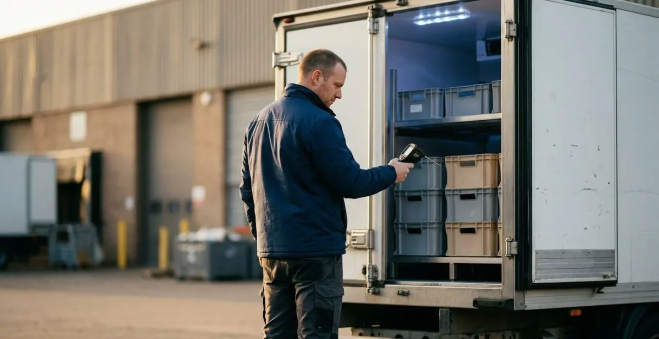 Camion frigorifique stationné comme solution de stockage d'urgence sur un parking d'entreprise