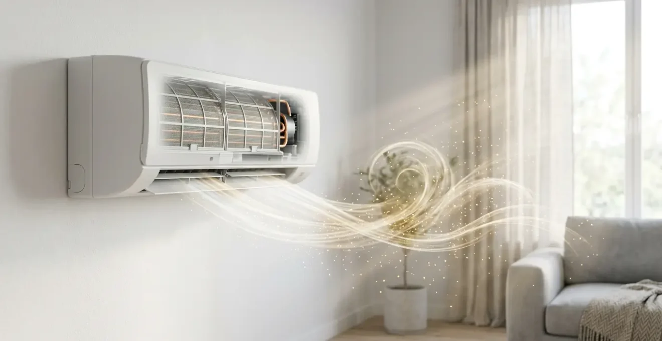 Système de climatisation moderne avec visualisation de la purification de l'air et des particules filtrées dans un intérieur lumineux