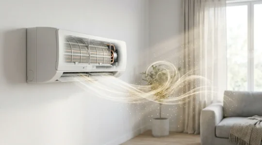 Système de climatisation moderne avec visualisation de la purification de l'air et des particules filtrées dans un intérieur lumineux