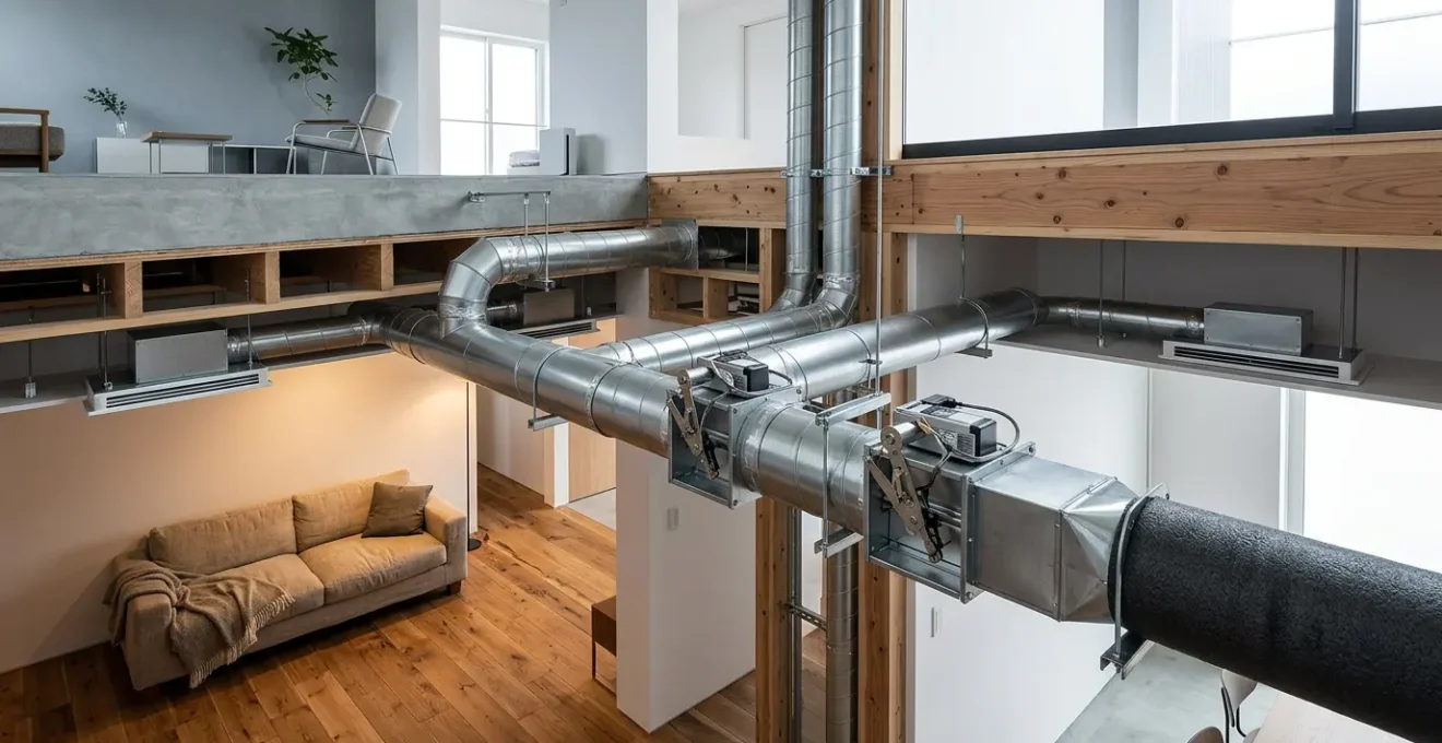 Vue en coupe d'un système de climatisation gainable avec régulation multi-zones dans une maison moderne