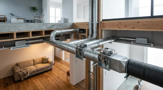 Vue en coupe d'un système de climatisation gainable avec régulation multi-zones dans une maison moderne