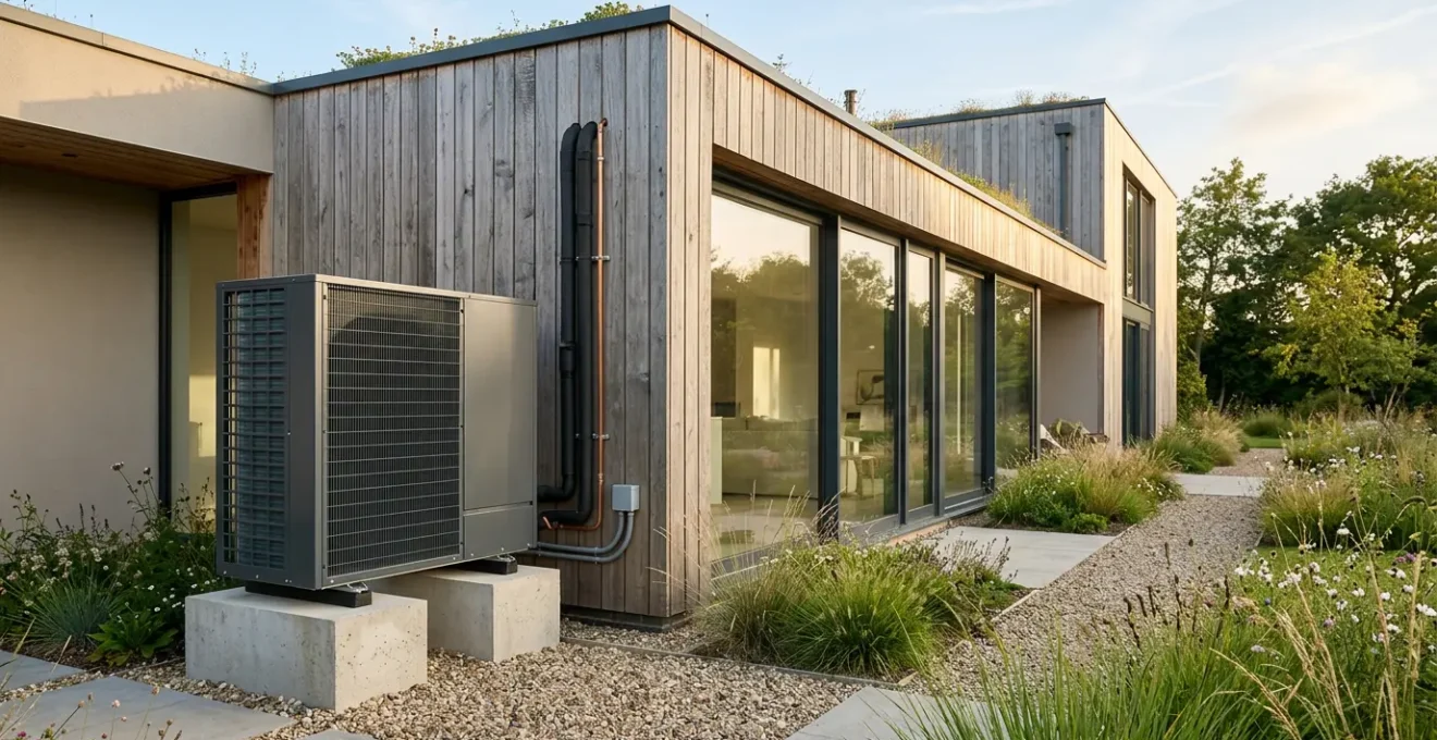 Installation moderne d'une pompe à chaleur dans le jardin d'une maison neuve conforme RE2020
