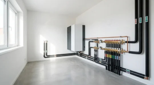 Intérieur moderne d'une maison neuve avec pompe à chaleur visible et espace technique propre montrant différents équipements thermiques