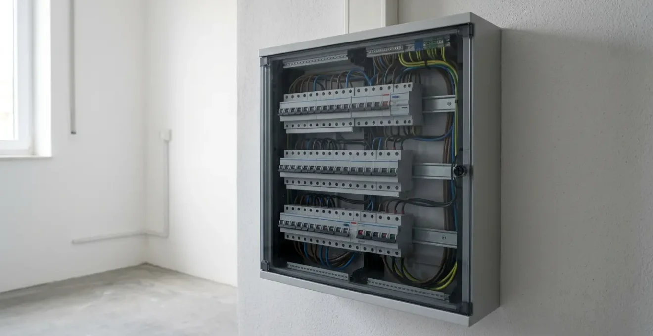 Tableau électrique moderne avec disjoncteurs courbe D pour installation de pompe à chaleur