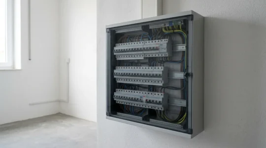 Tableau électrique moderne avec disjoncteurs courbe D pour installation de pompe à chaleur