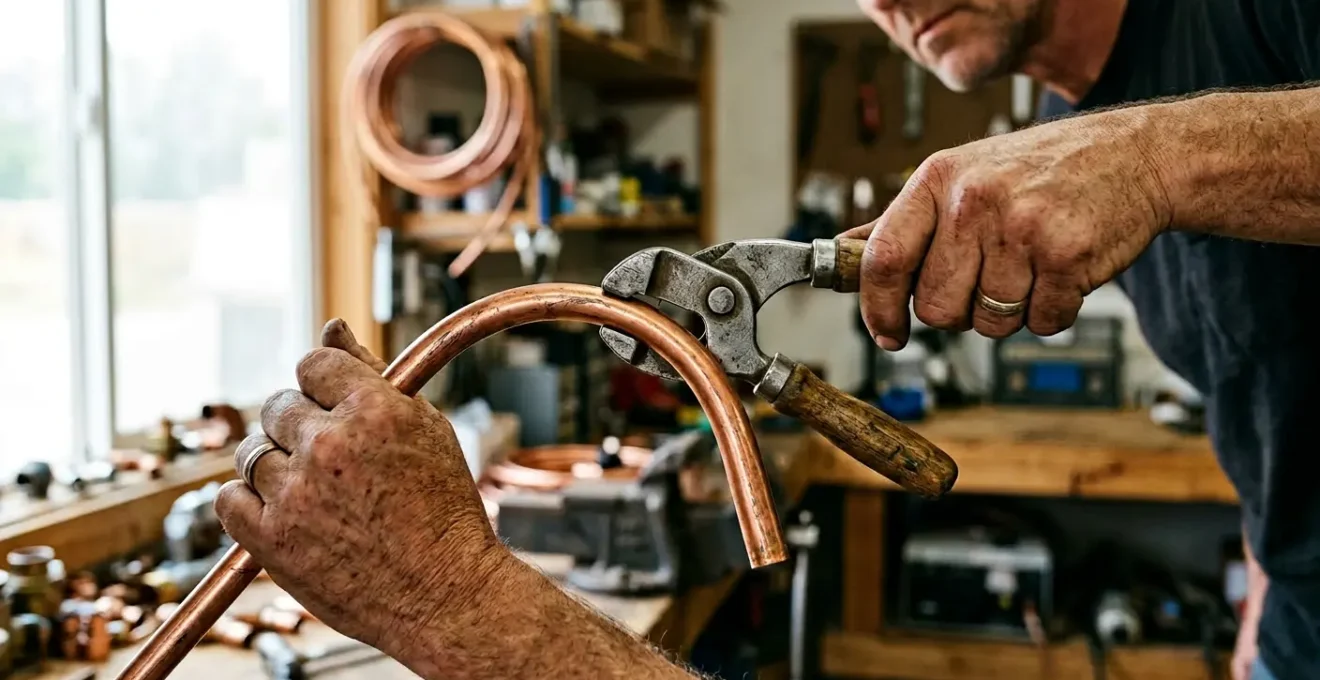Technicien professionnel cintrant avec précision des tubes en cuivre isolés pour installation frigorifique