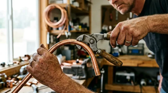 Technicien professionnel cintrant avec précision des tubes en cuivre isolés pour installation frigorifique