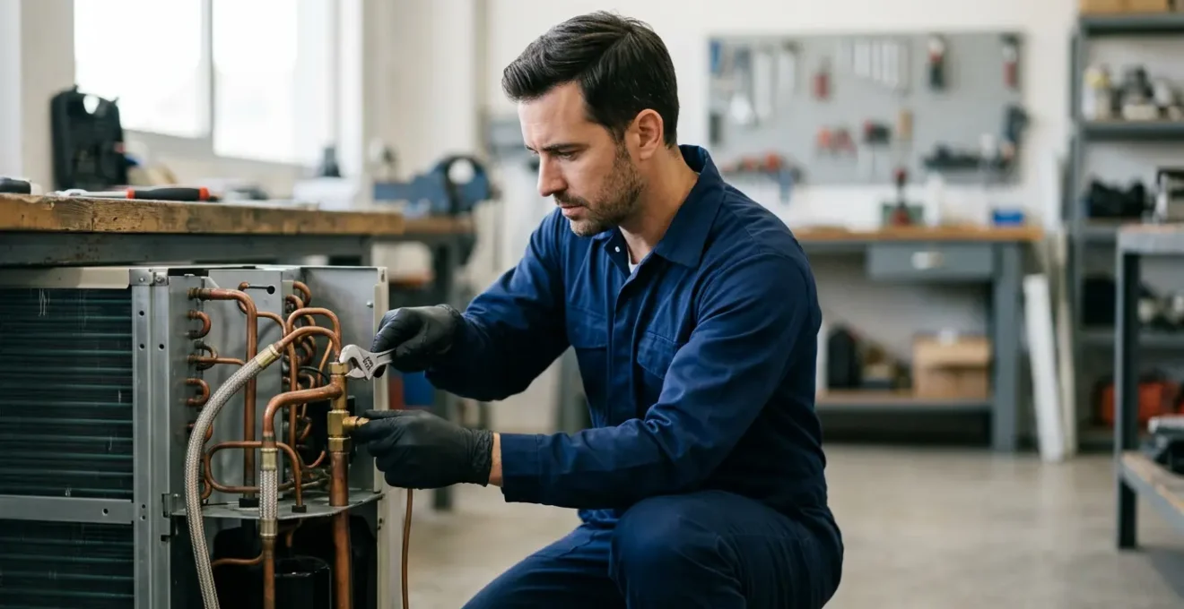 Technicien frigoriste en combinaison de travail manipulant une unité de climatisation dans un environnement professionnel