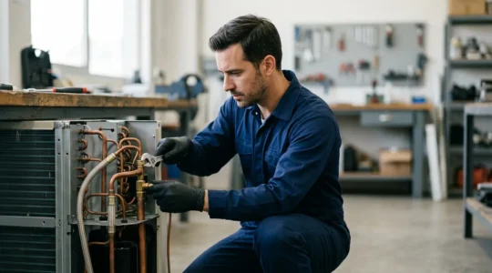 Technicien frigoriste en combinaison de travail manipulant une unité de climatisation dans un environnement professionnel