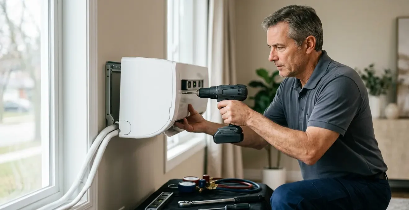 Technicien qualifié installant une unité de climatisation split sur un mur intérieur avec outils professionnels