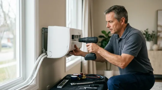 Technicien qualifié installant une unité de climatisation split sur un mur intérieur avec outils professionnels