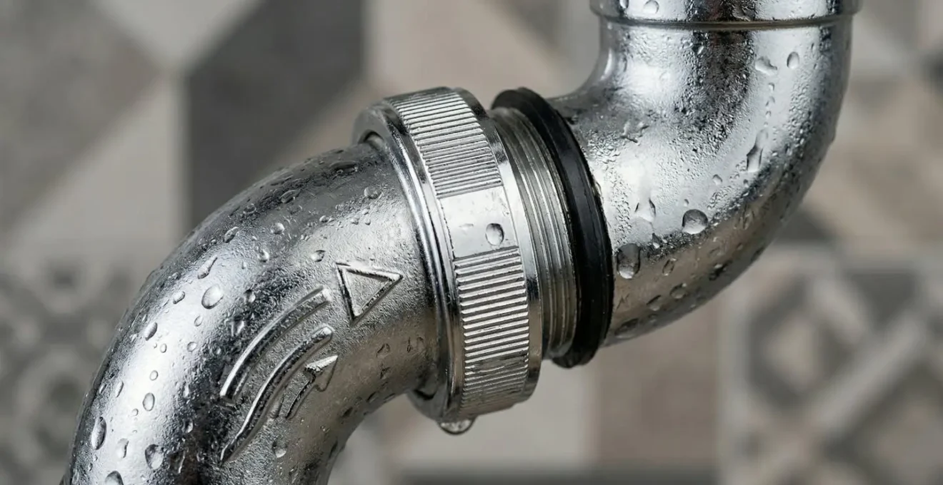 Gros plan technique sur système d'évacuation d'eau avec tuyauterie et raccordement discret