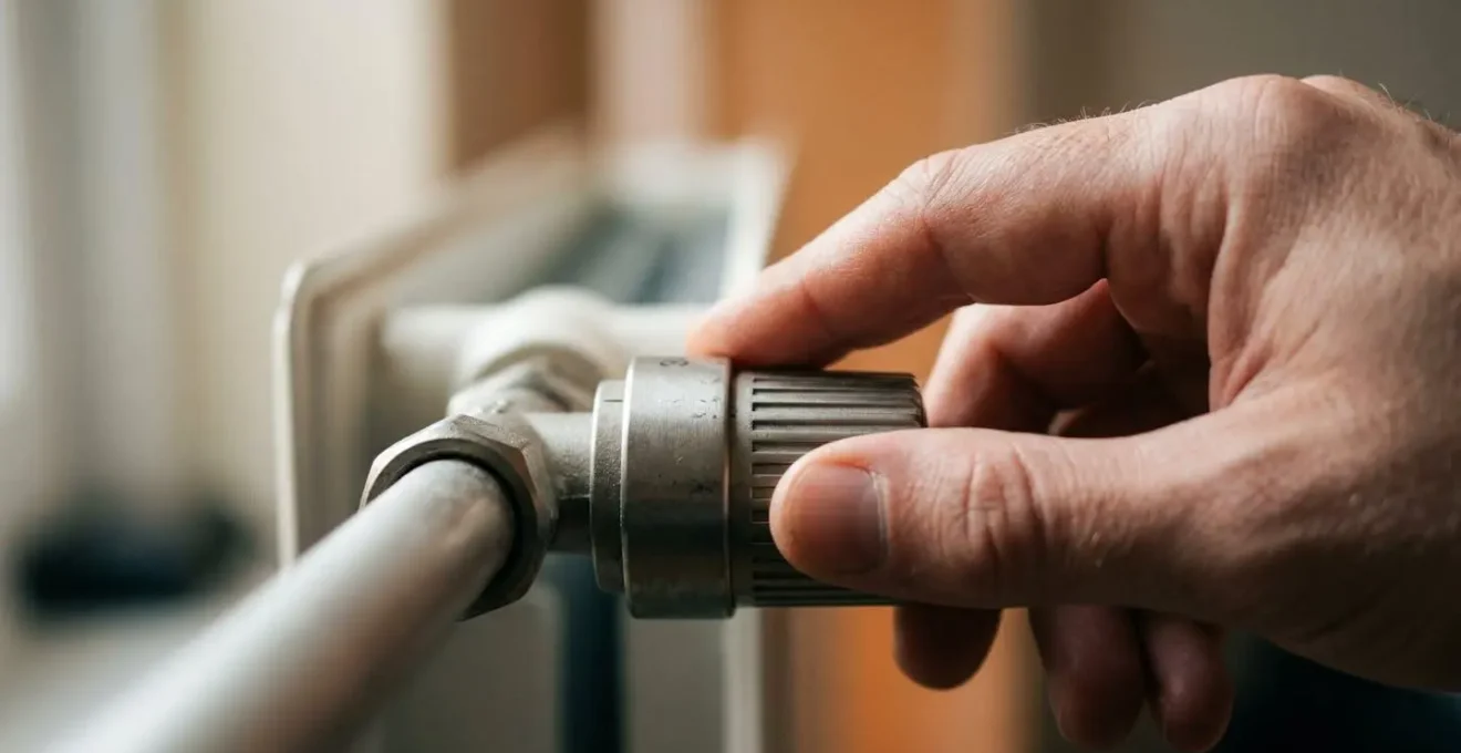 Gros plan sur une main ajustant une tête thermostatique moderne sur un radiateur