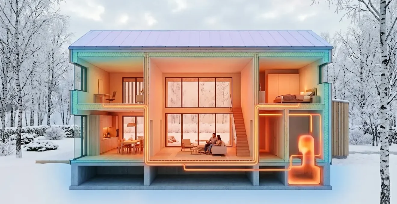 Coupe architecturale d'une maison moderne montrant le système de thermodynamique avec pompe à chaleur