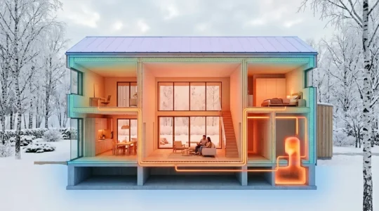 Coupe architecturale d'une maison moderne montrant le système de thermodynamique avec pompe à chaleur