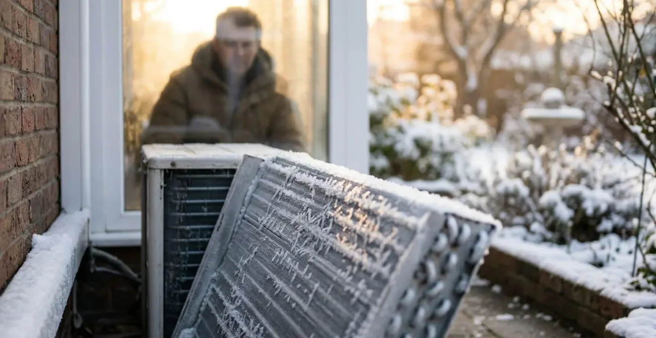 Unité extérieure de pompe à chaleur avec fine couche de givre dans un jardin hivernal