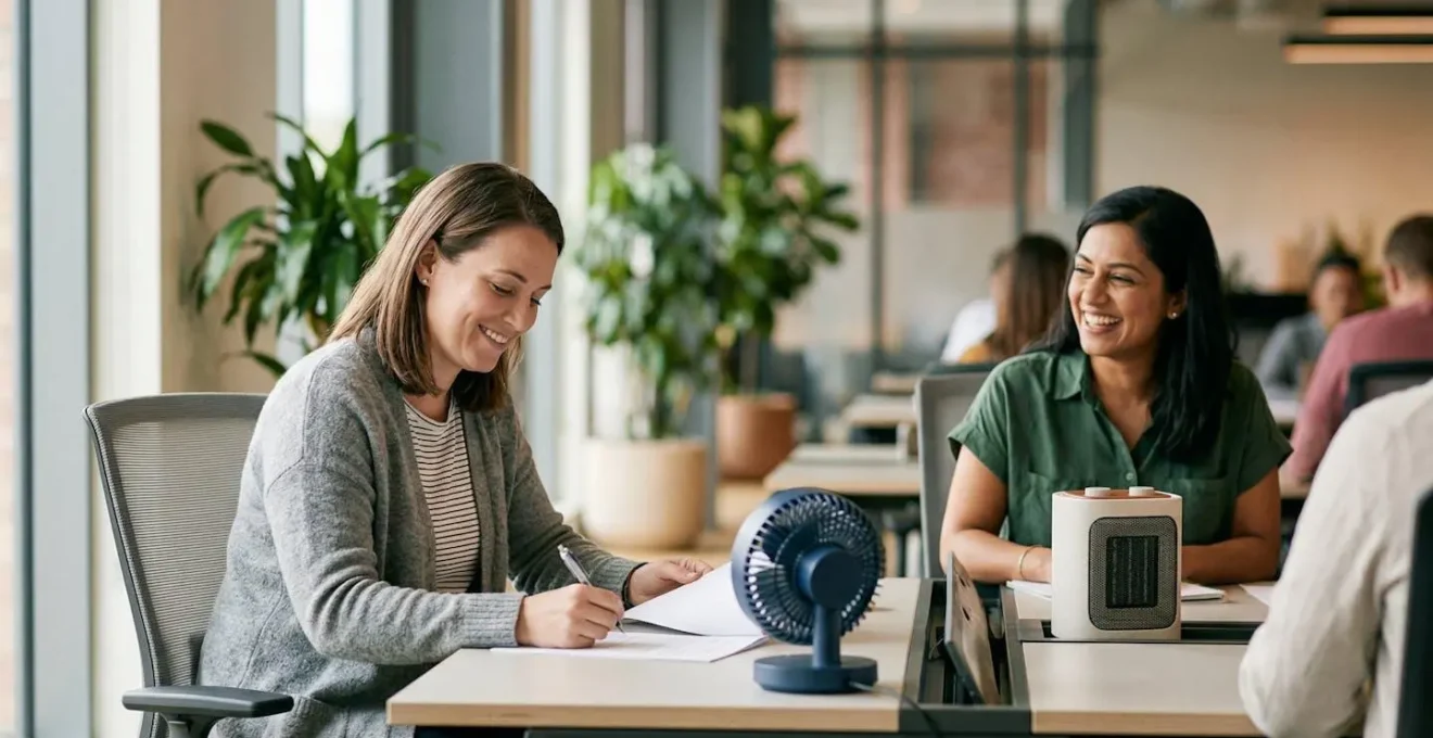 Espace de bureau avec différentes zones de confort thermique personnalisées montrant la coexistence harmonieuse