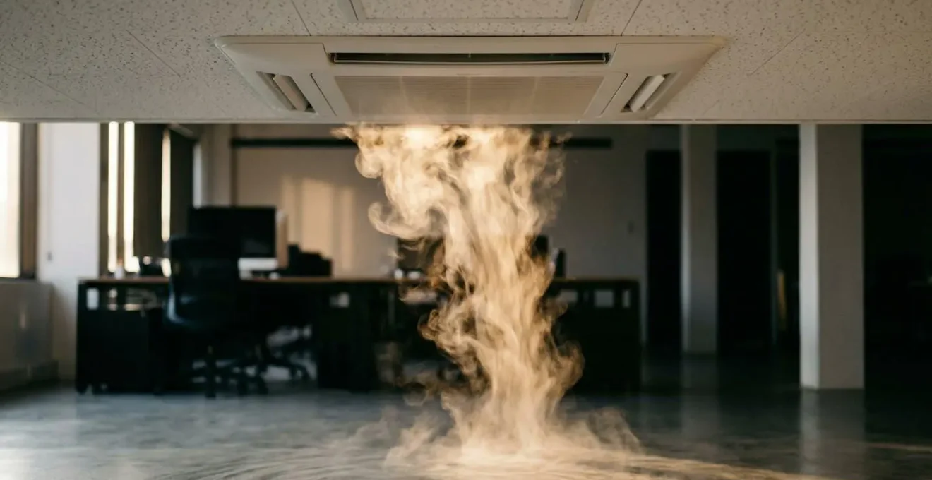 Vue latérale d'une cassette de climatisation en mode chauffage montrant la diffusion d'air chaud vers le bas avec des flèches de circulation d'air
