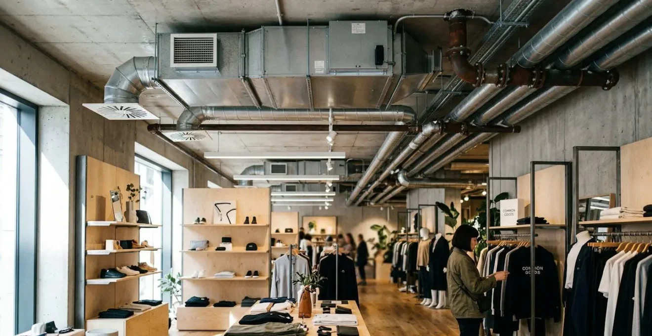 Intérieur de concept store avec climatisation apparente style industriel